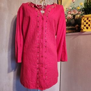 Kim Rogers Hot Pink Linen Tunic Shirt 3/4 Sleeves & Shell Beading Sz. L